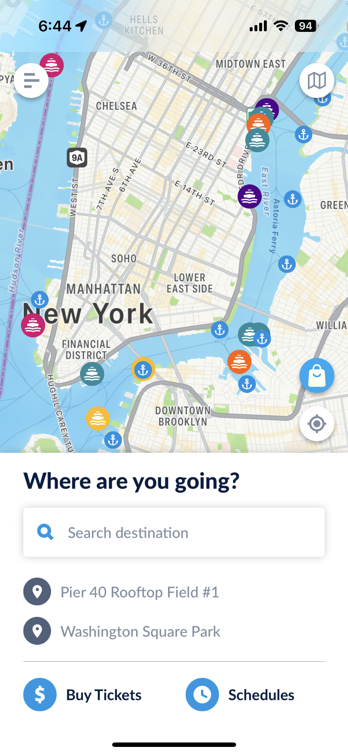 NYC Ferry app home screen — cluttered map interface